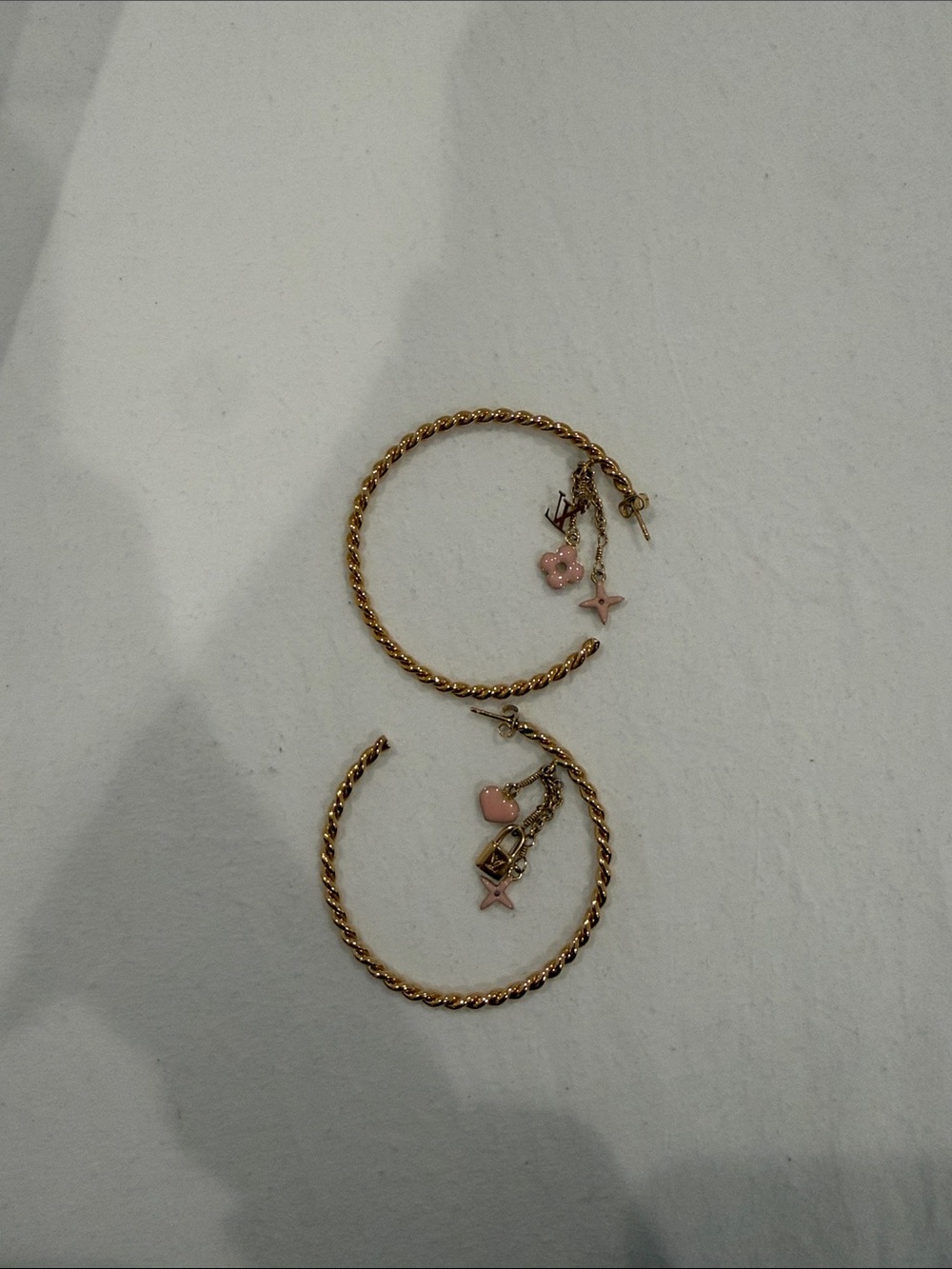 Louis Vuitton Gold Hoop Charm Earrings with Pink Accents